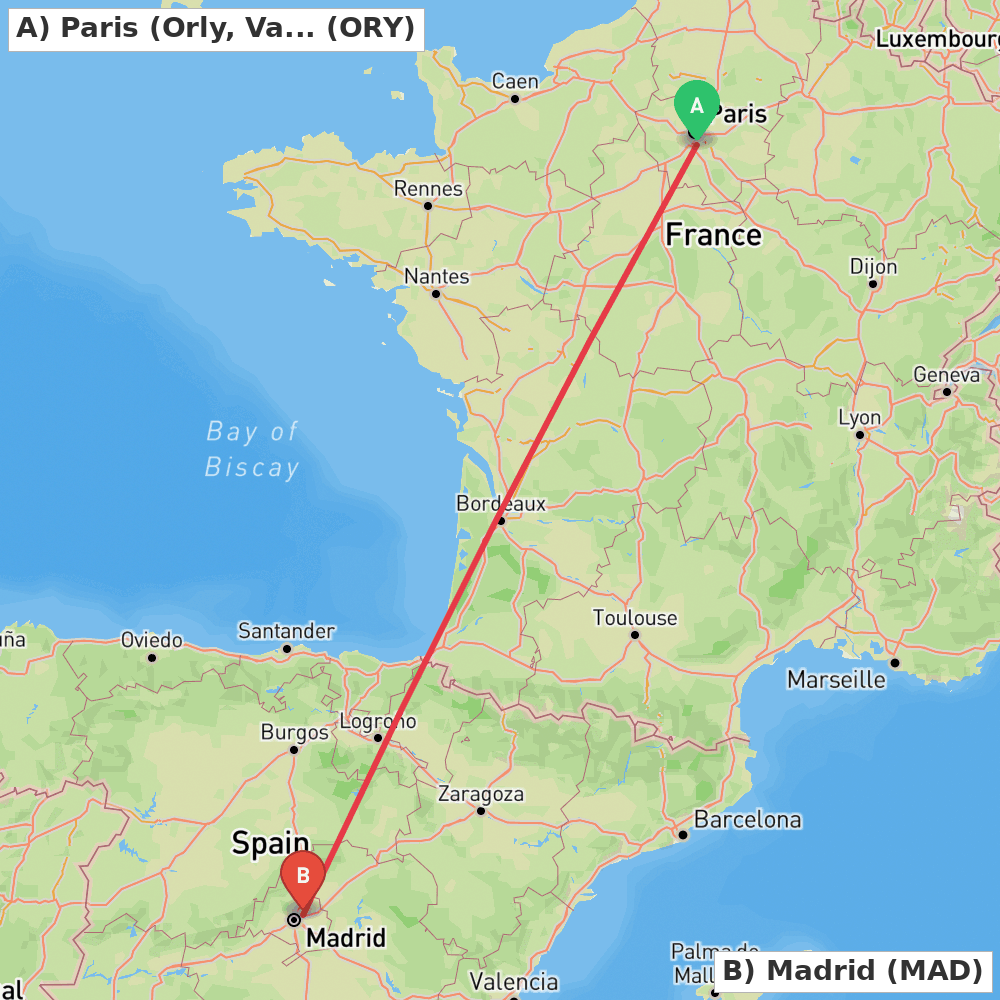 Flight route map from Paris (Orly, Val-de-Marne) to Madrid