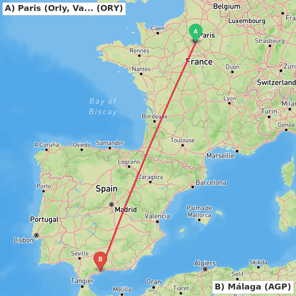 Flight route map from Paris (Orly, Val-de-Marne) to Málaga