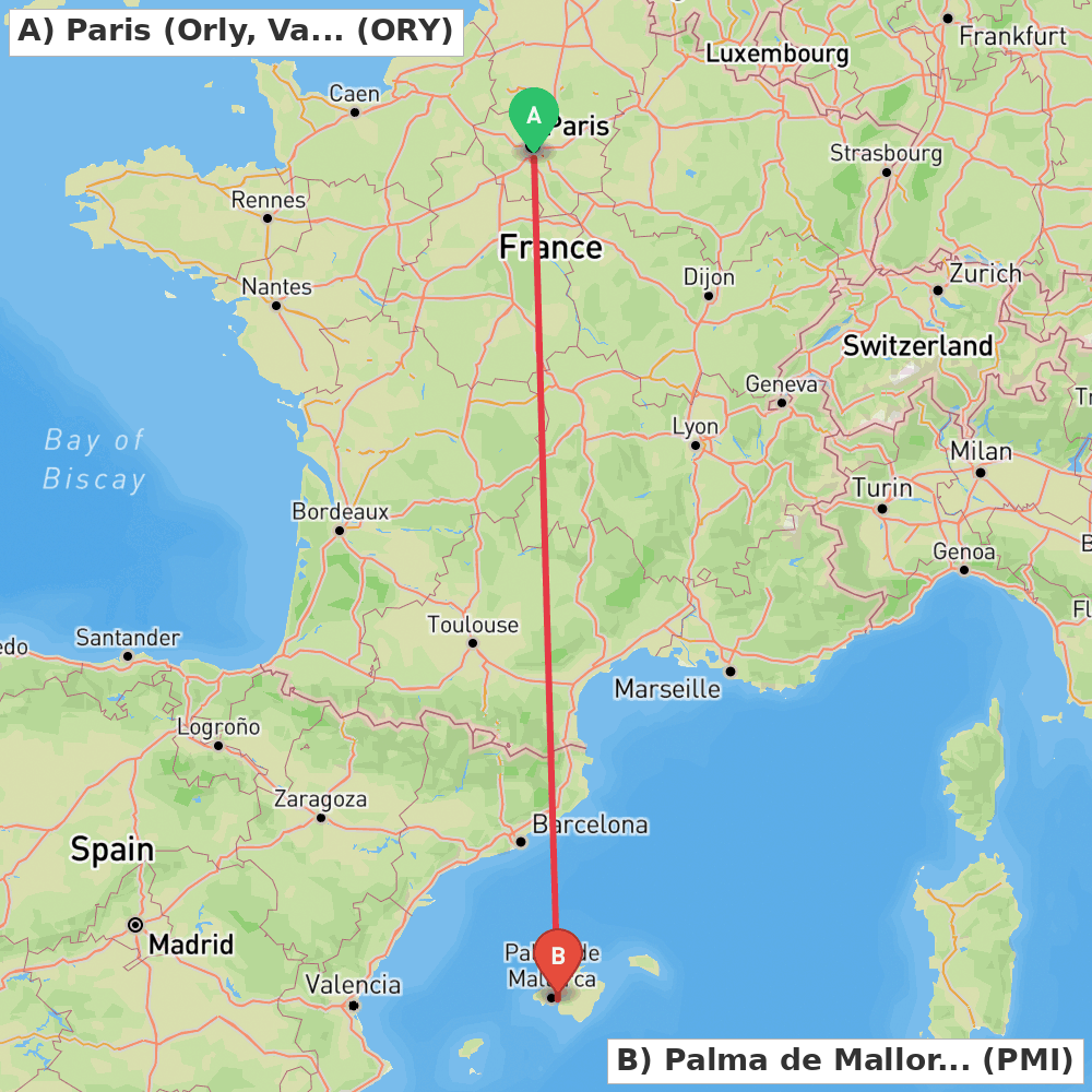 Flight route map from Paris (Orly, Val-de-Marne) to Palma de Mallorca