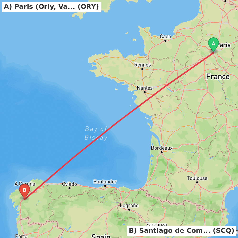 Flight route map from Paris (Orly, Val-de-Marne) to Santiago de Compostela