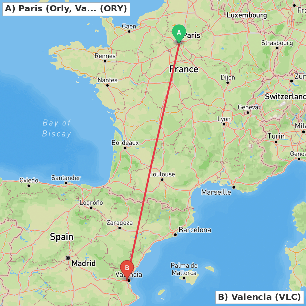 Flight route map from Paris (Orly, Val-de-Marne) to Valencia