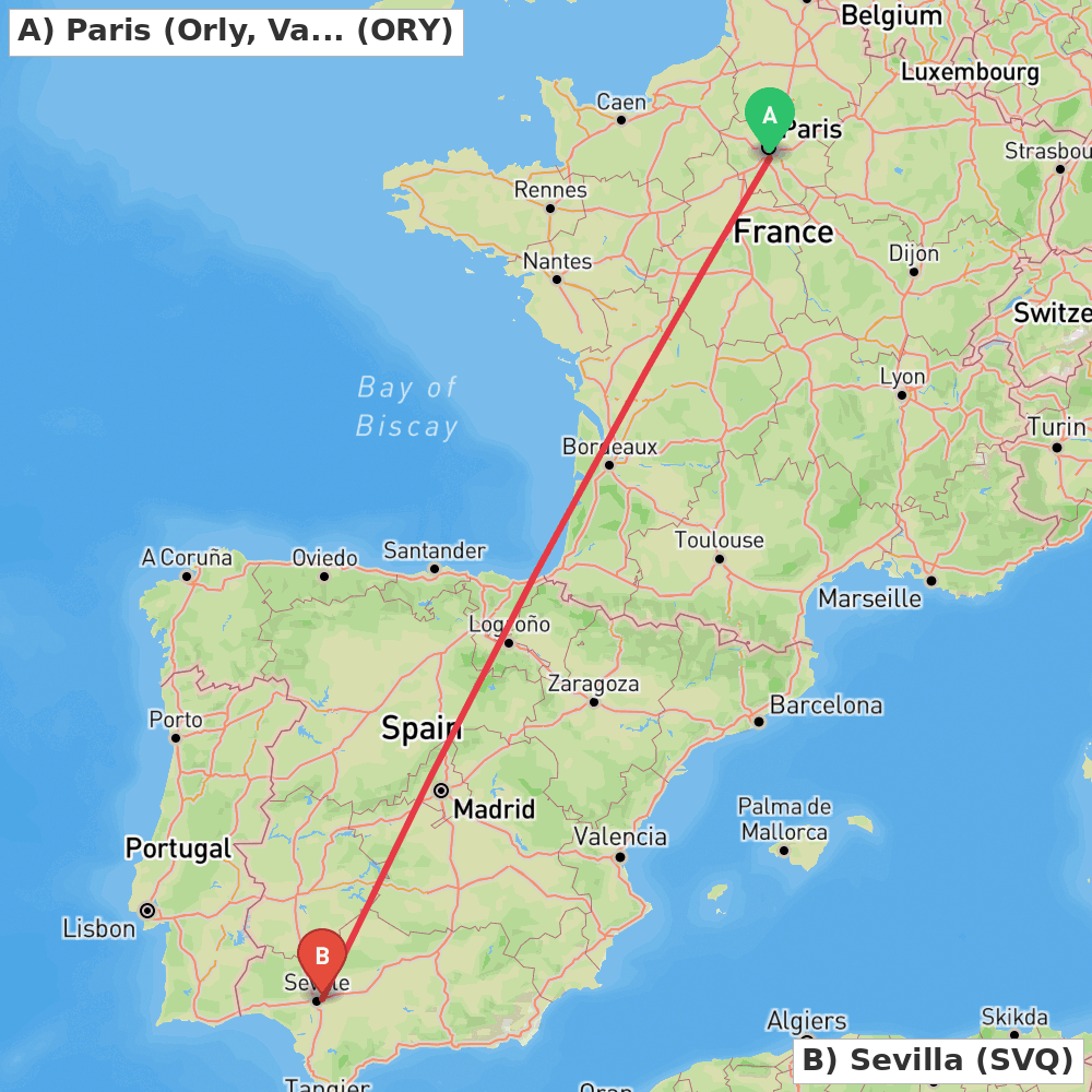 Flight route map from Paris (Orly, Val-de-Marne) to Sevilla