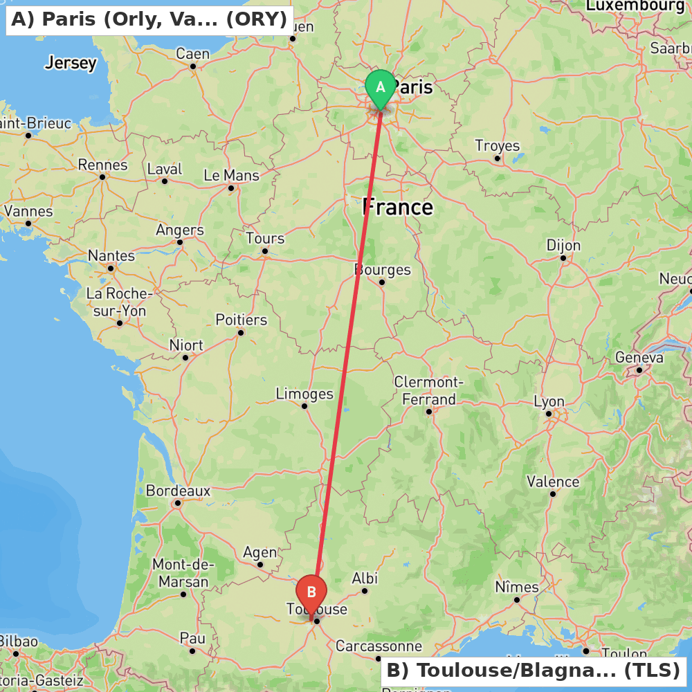 Flight route map from Paris (Orly, Val-de-Marne) to Toulouse/Blagnac