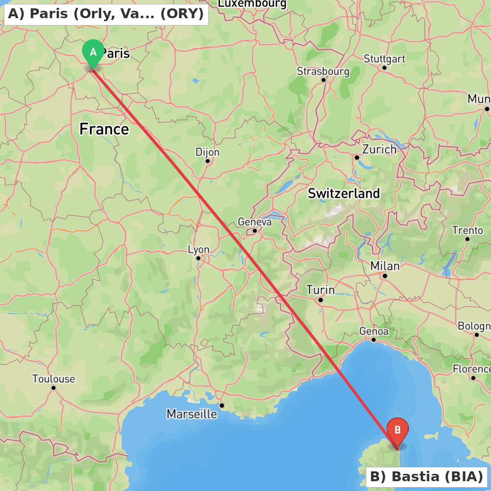 Flight route map from Paris (Orly, Val-de-Marne) to Bastia