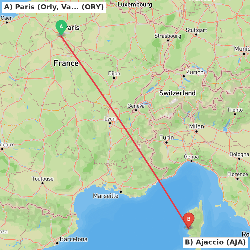 Flight route map from Paris (Orly, Val-de-Marne) to Ajaccio