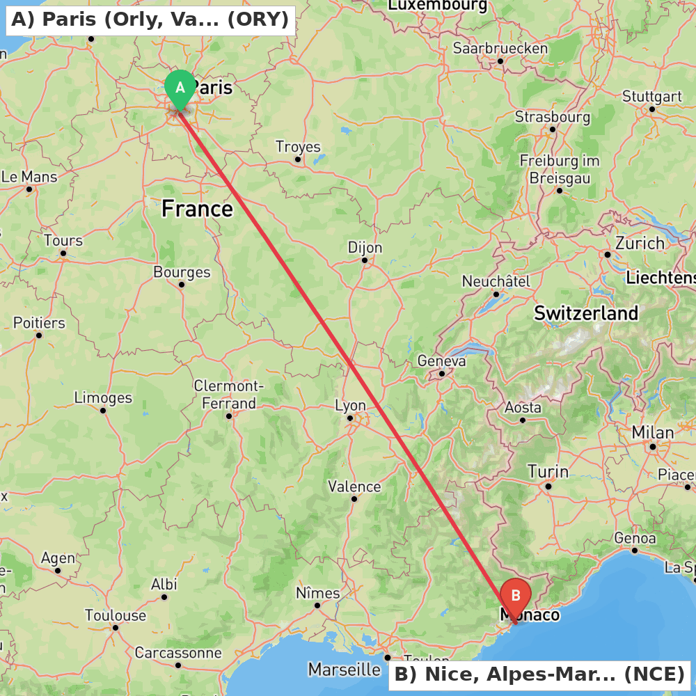 Flight route map from Paris (Orly, Val-de-Marne) to Nice, Alpes-Maritimes