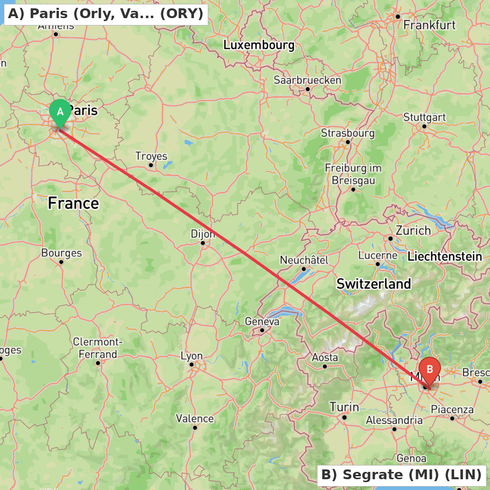 Flight route map from Paris (Orly, Val-de-Marne) to Segrate (MI)