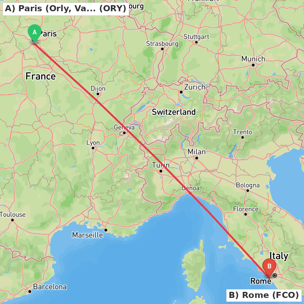 Flight route map from Paris (Orly, Val-de-Marne) to Rome