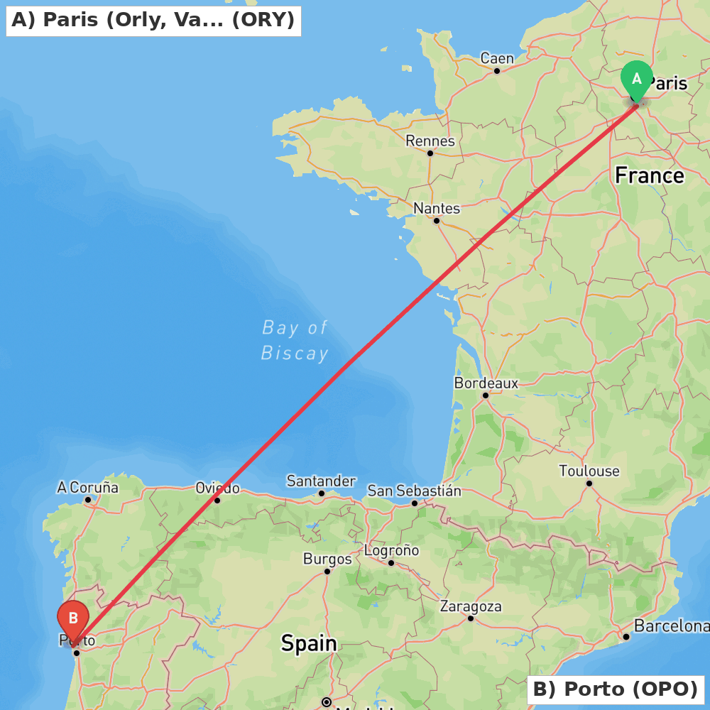 Flight route map from Paris (Orly, Val-de-Marne) to Porto