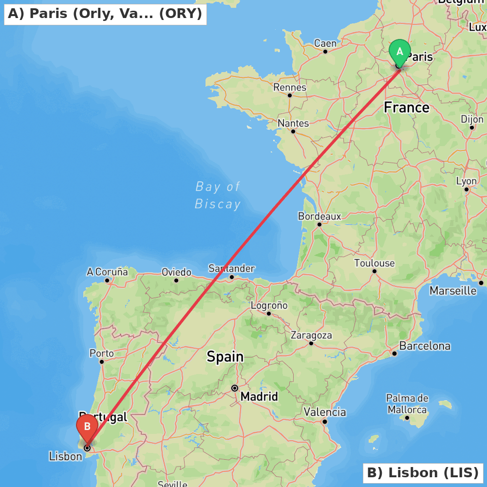 Flight route map from Paris (Orly, Val-de-Marne) to Lisbon