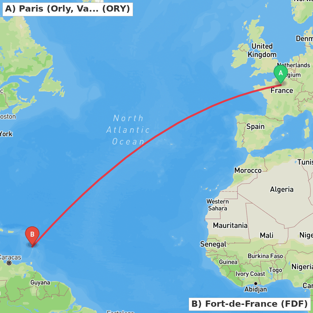 Flight route map from Paris (Orly, Val-de-Marne) to Fort-de-France