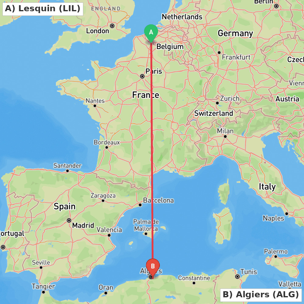 Flight route map from Lesquin to Algiers
