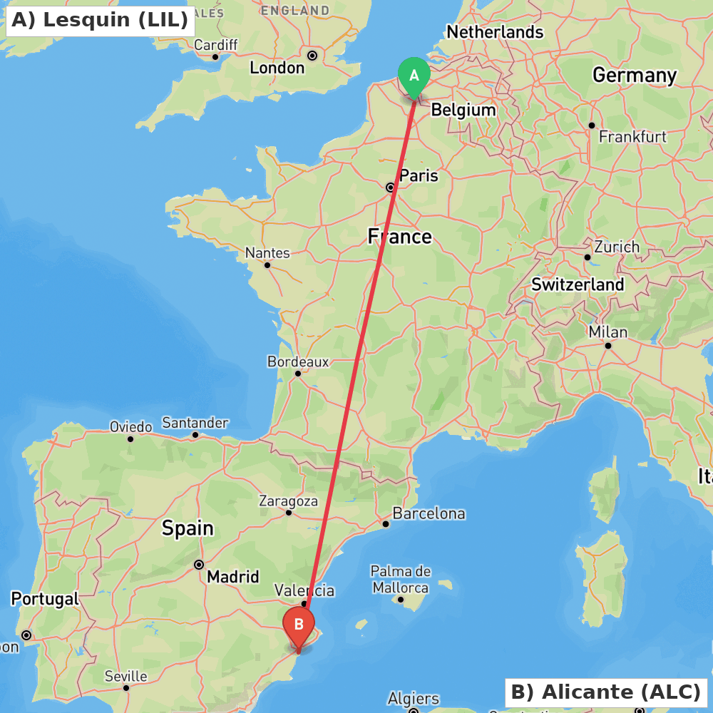 Flight route map from Lesquin to Alicante