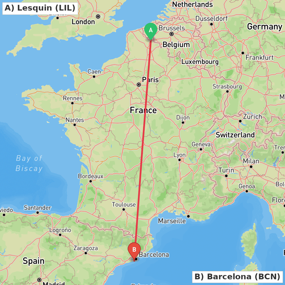 Flight route map from Lesquin to Barcelona