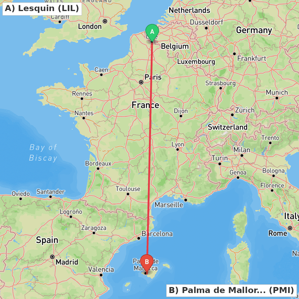 Flight route map from Lesquin to Palma de Mallorca