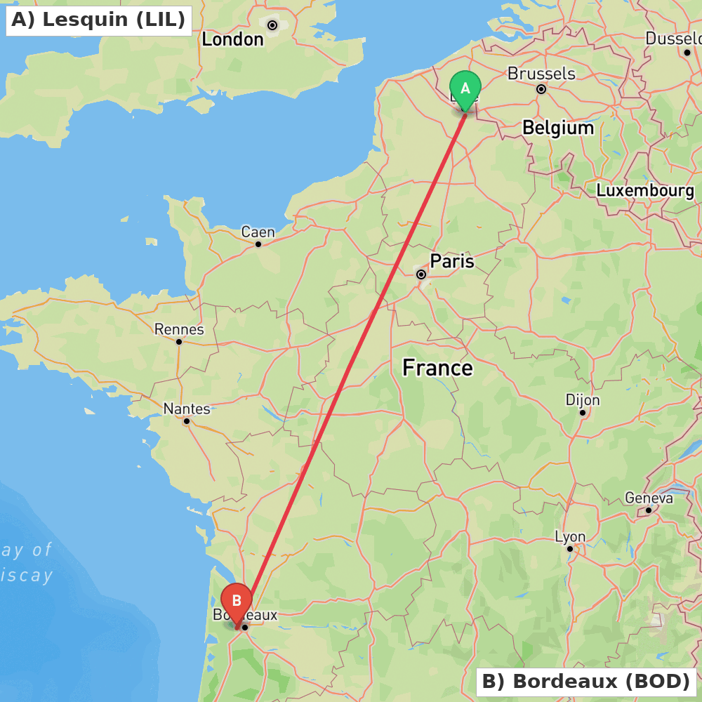 Flight route map from Lesquin to Bordeaux