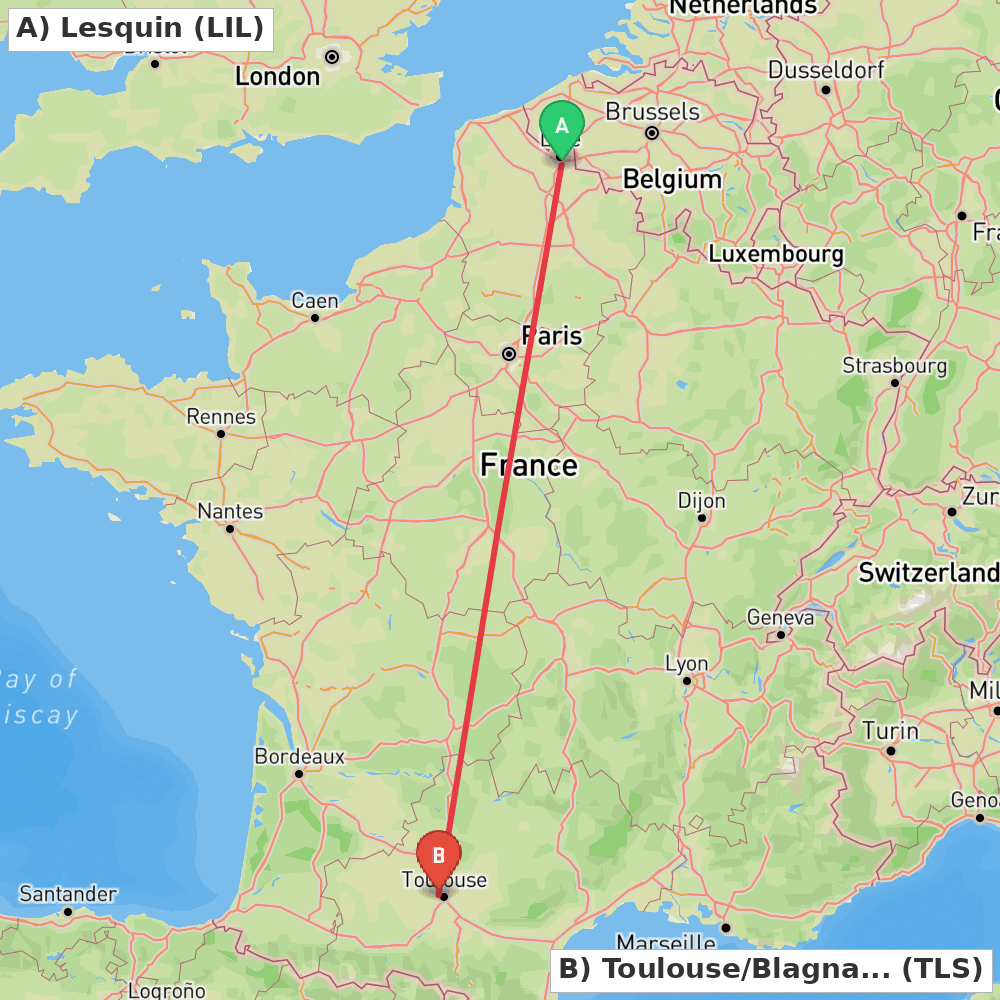 Flight route map from Lesquin to Toulouse/Blagnac
