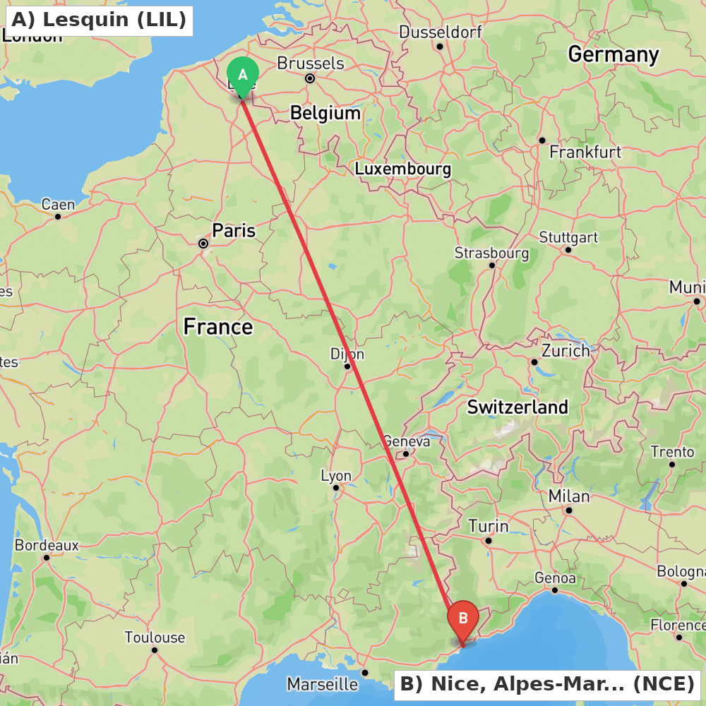 Flight route map from Lesquin to Nice, Alpes-Maritimes