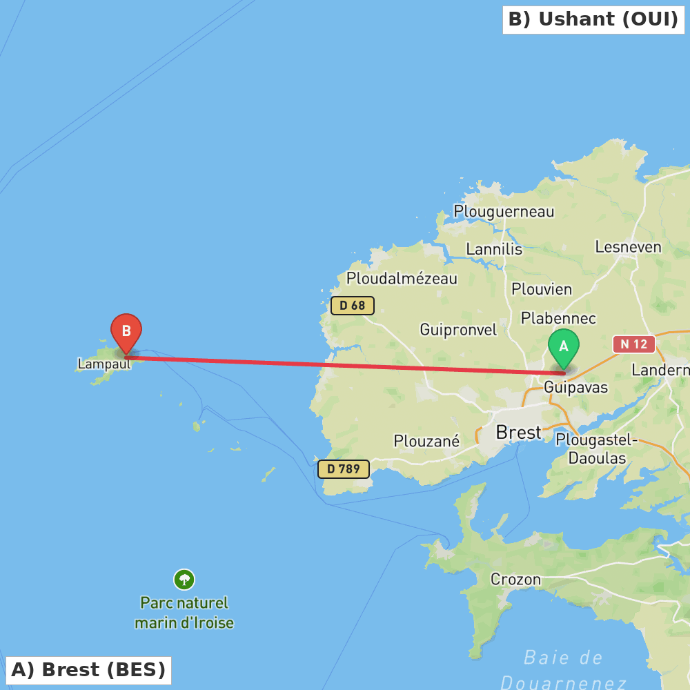 Flight route map from Brest to Ushant