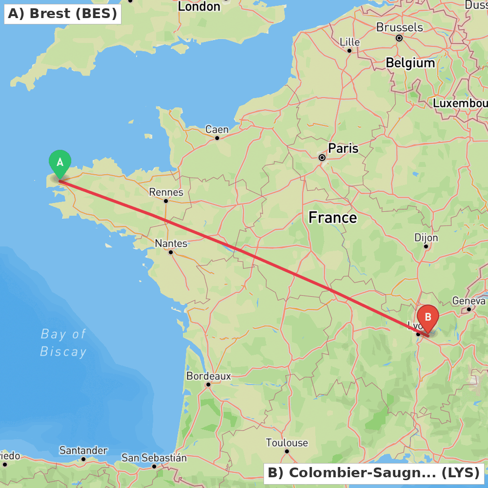 Flight route map from Brest to Colombier-Saugnieu, Rhône
