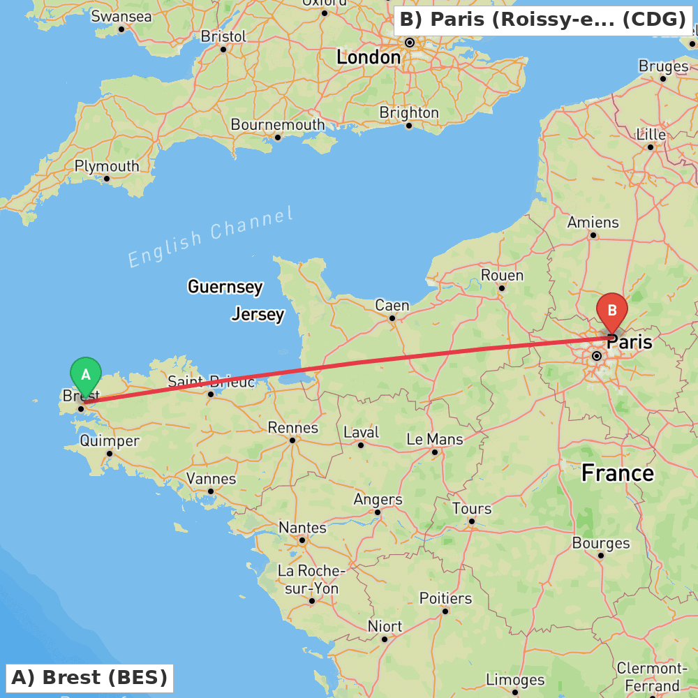 Flight route map from Brest to Paris (Roissy-en-France, Val-d'Oise)