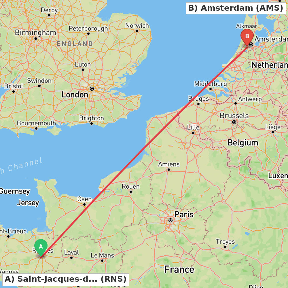 Flight route map from Saint-Jacques-de-la-Lande, Ille-et-Vilaine to Amsterdam