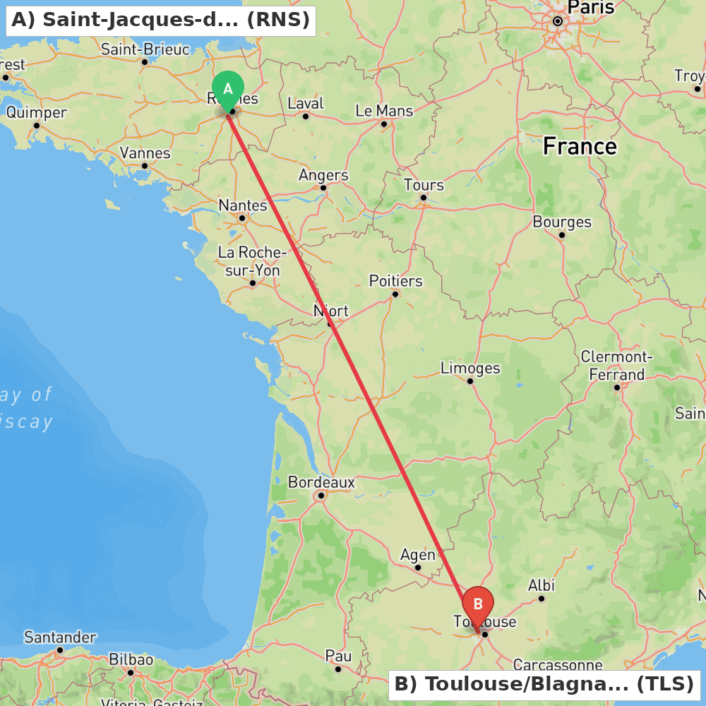 Flight route map from Saint-Jacques-de-la-Lande, Ille-et-Vilaine to Toulouse/Blagnac