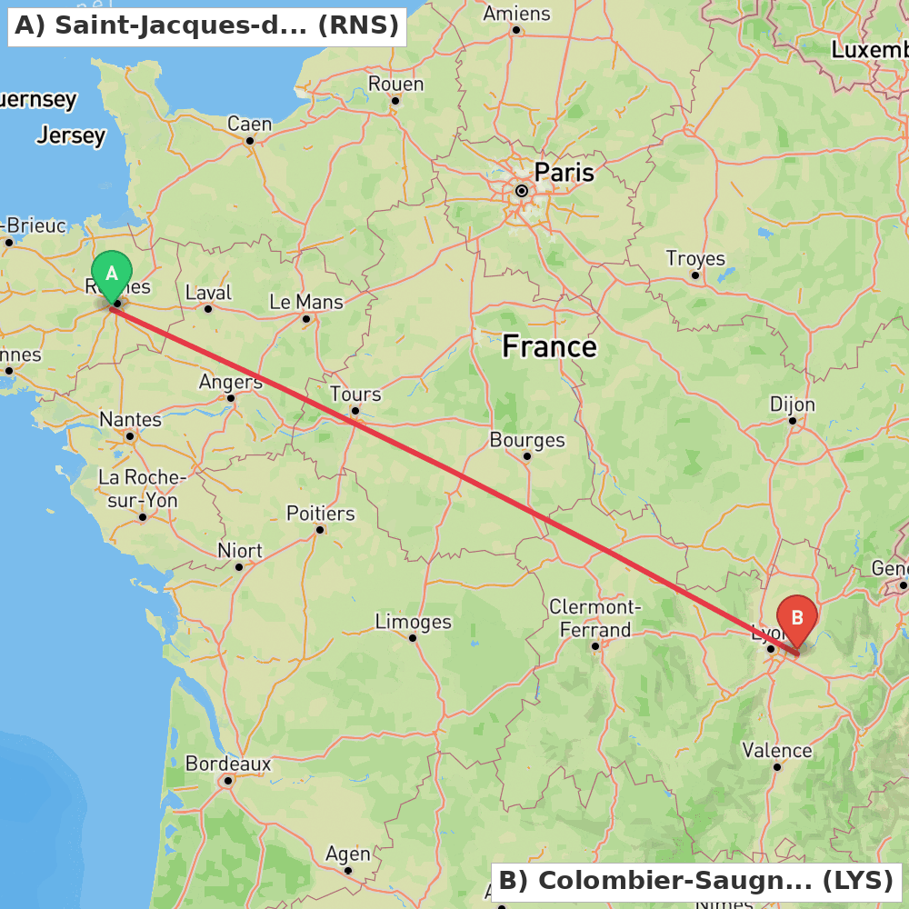 Flight route map from Saint-Jacques-de-la-Lande, Ille-et-Vilaine to Colombier-Saugnieu, Rhône