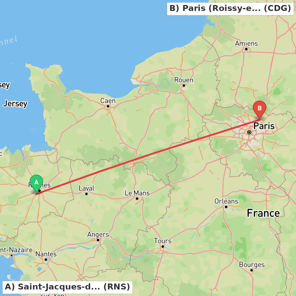 Flight route map from Saint-Jacques-de-la-Lande, Ille-et-Vilaine to Paris (Roissy-en-France, Val-d'Oise)