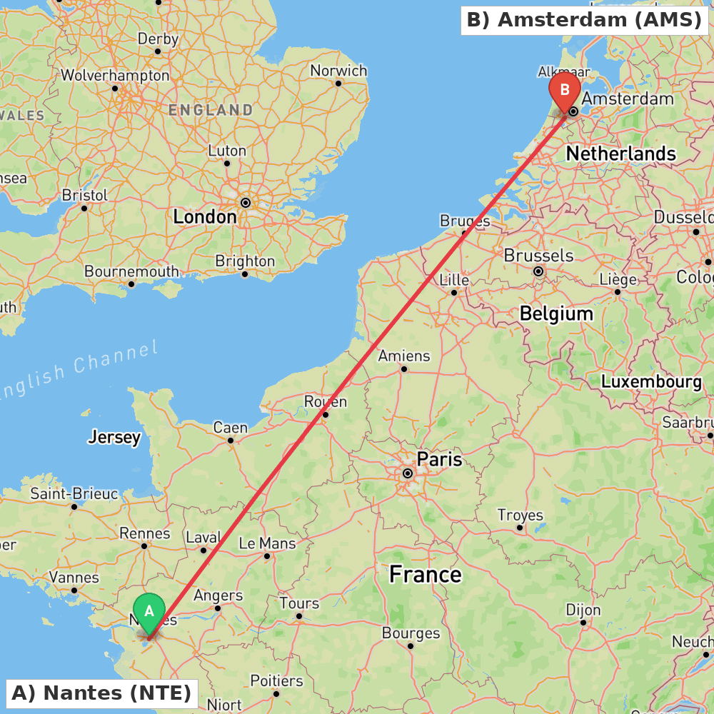 Flight route map from Nantes to Amsterdam