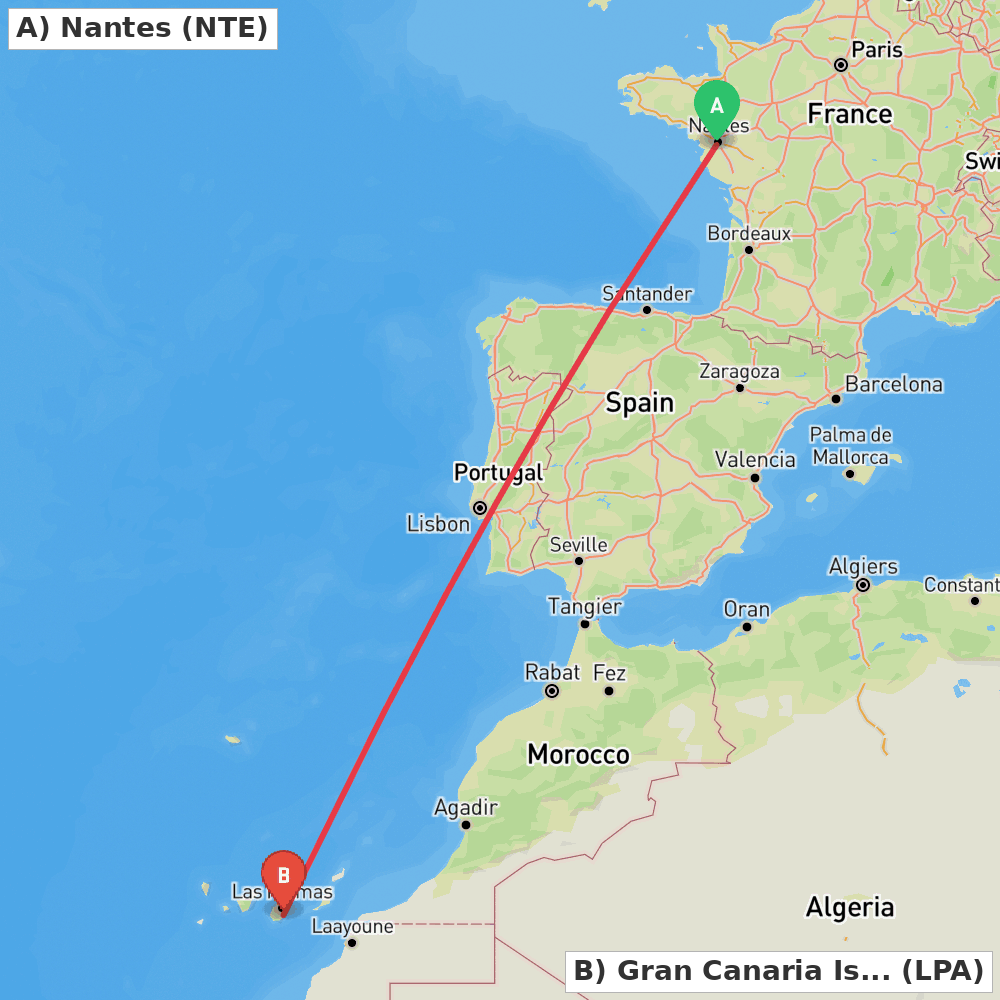 Flight route map from Nantes to Gran Canaria Island
