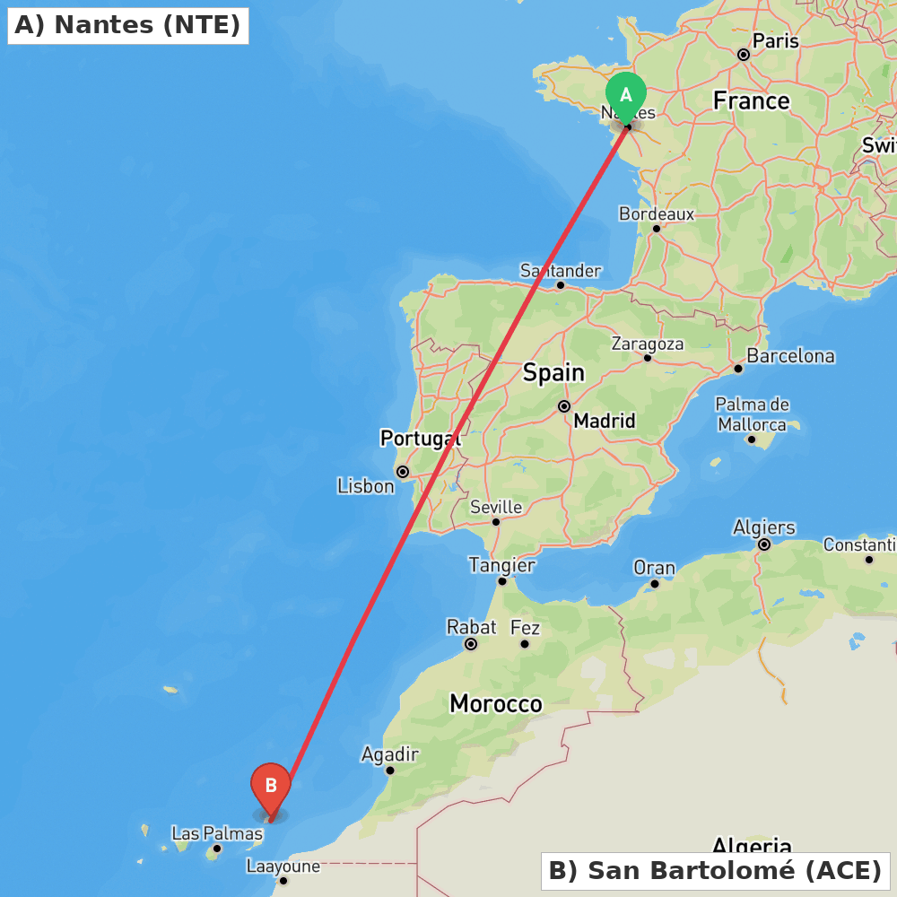 Flight route map from Nantes to San Bartolomé