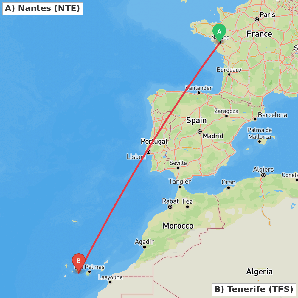 Flight route map from Nantes to Tenerife