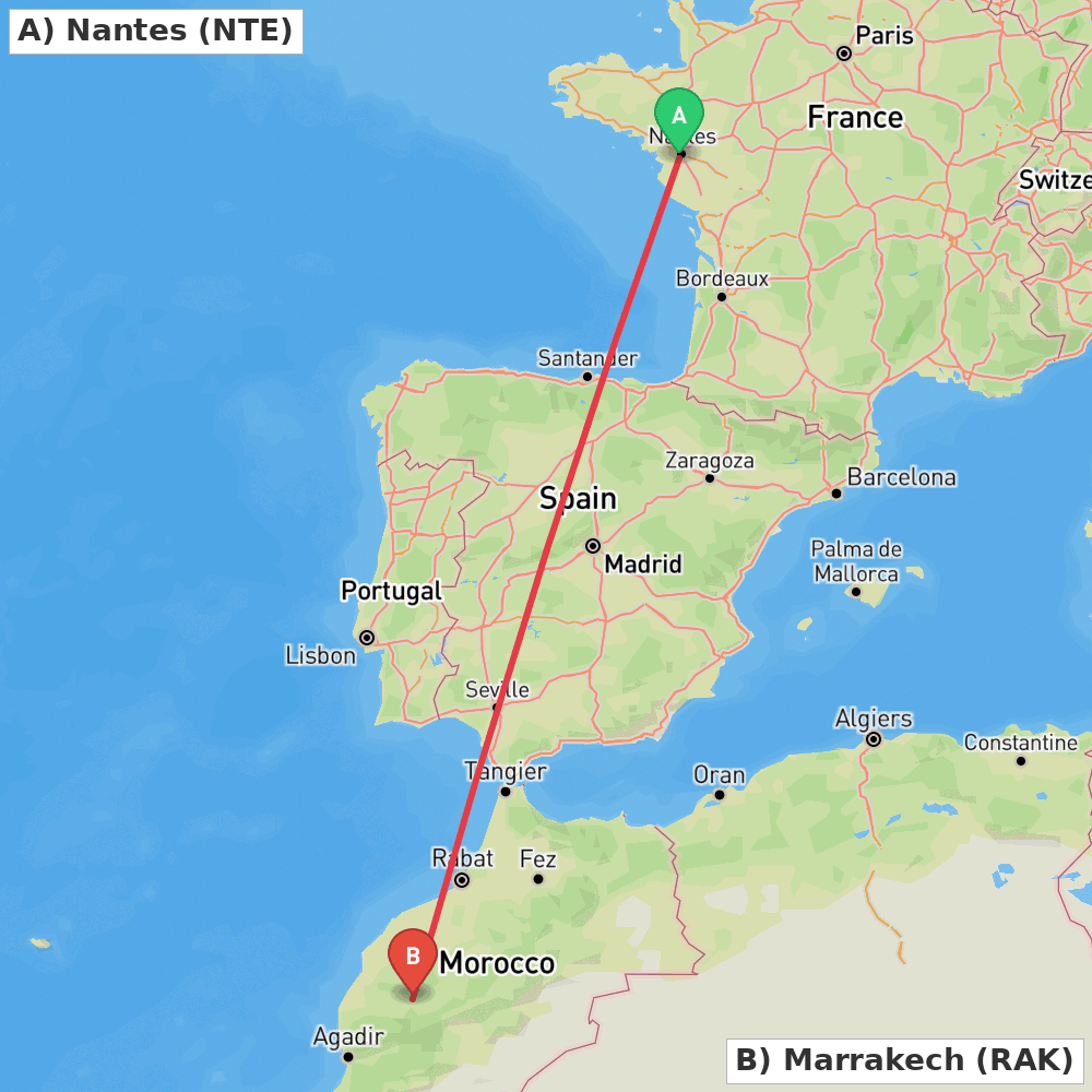 Flight route map from Nantes to Marrakech