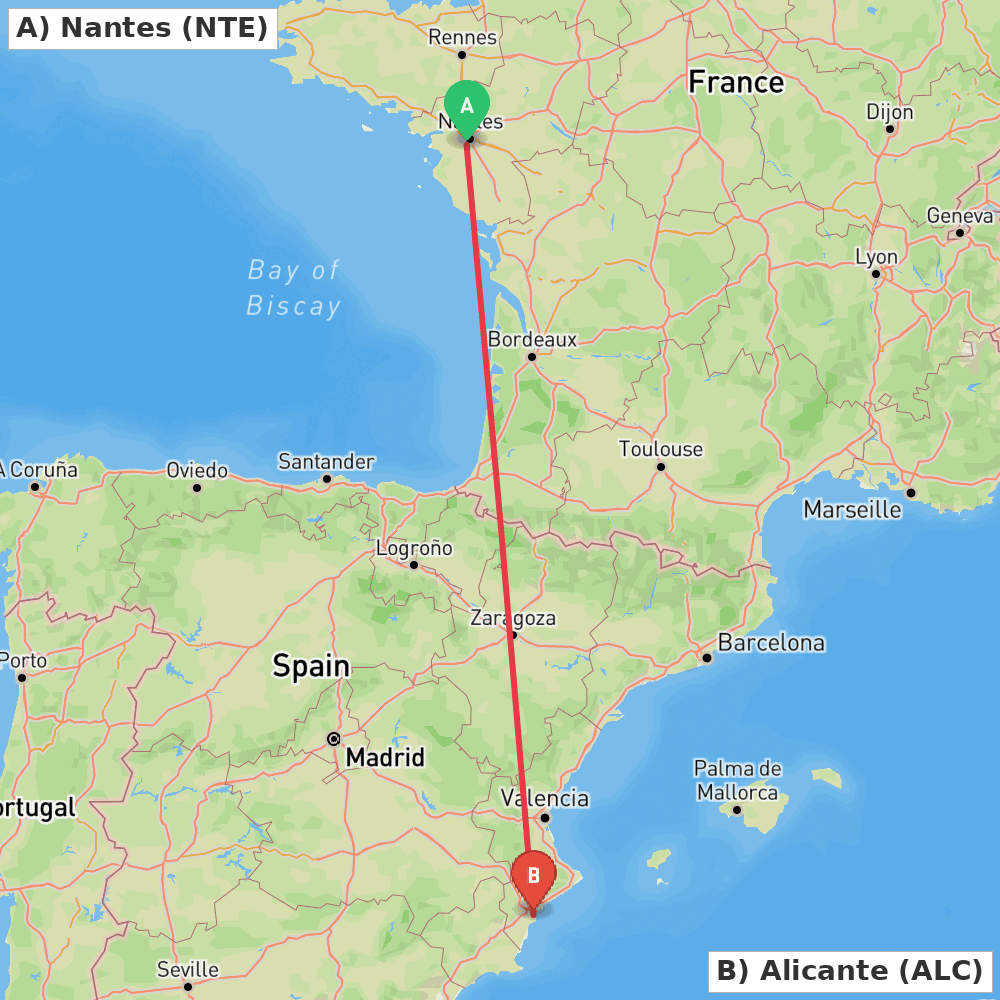 Flight route map from Nantes to Alicante