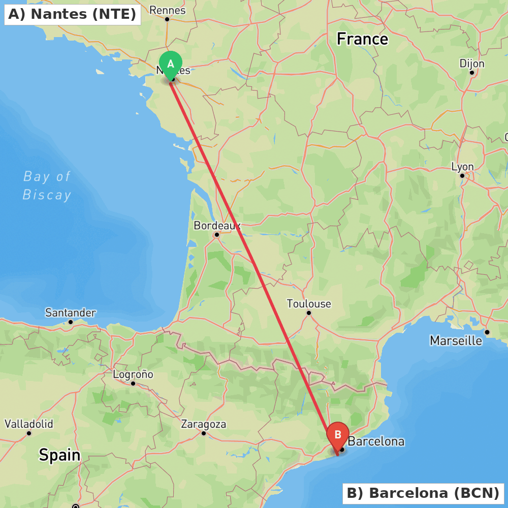Flight route map from Nantes to Barcelona
