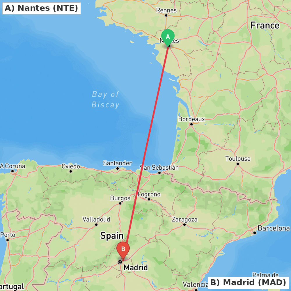 Flight route map from Nantes to Madrid
