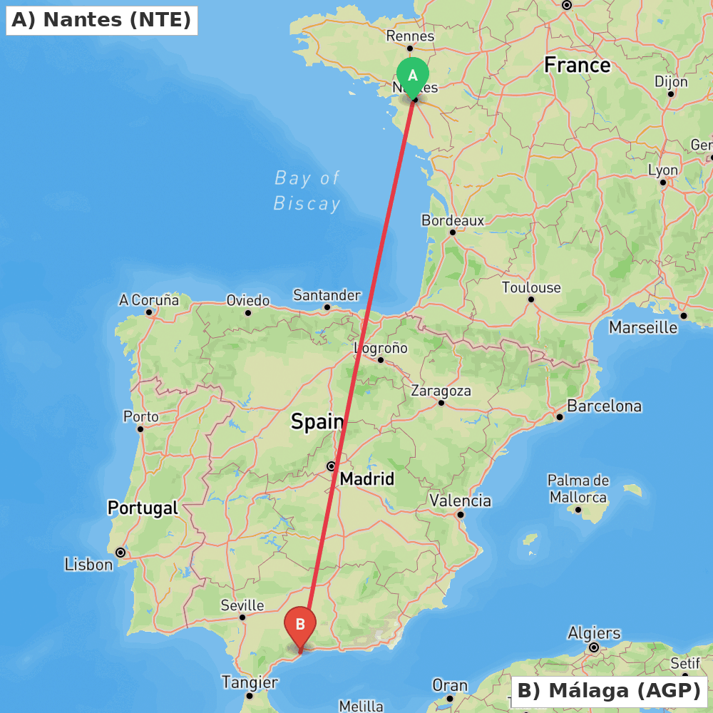 Flight route map from Nantes to Málaga