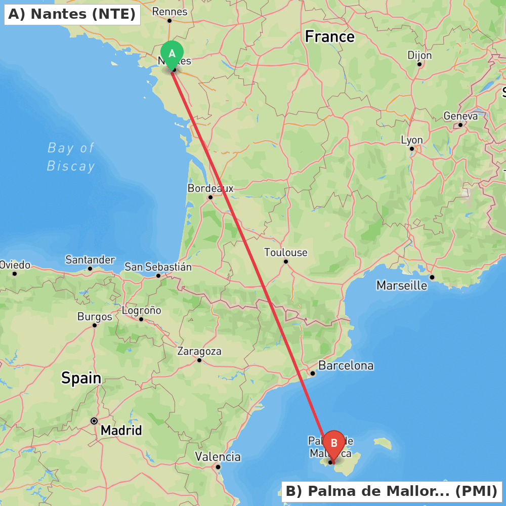 Flight route map from Nantes to Palma de Mallorca