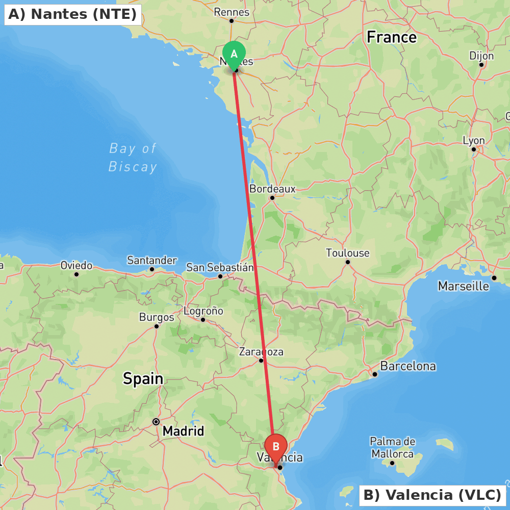 Flight route map from Nantes to Valencia