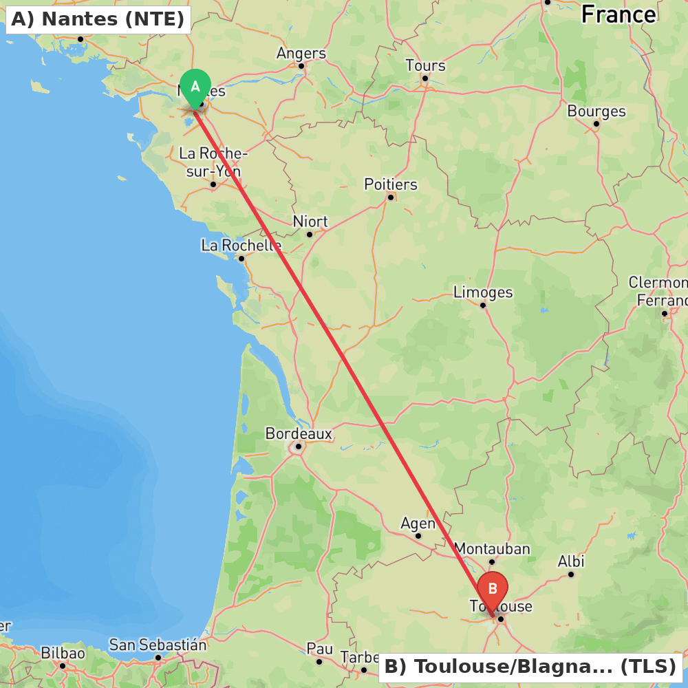 Flight route map from Nantes to Toulouse/Blagnac