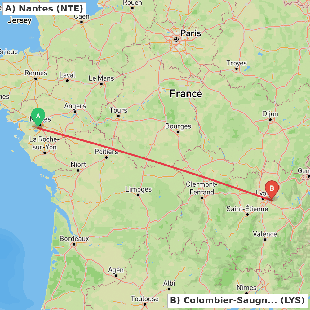 Flight route map from Nantes to Colombier-Saugnieu, Rhône