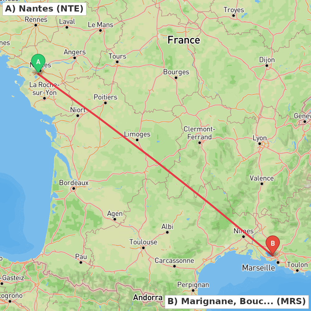 Flight route map from Nantes to Marignane, Bouches-du-Rhône