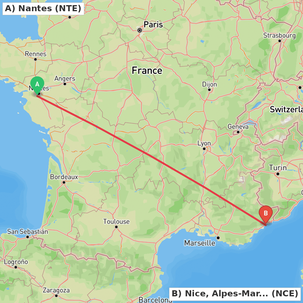 Flight route map from Nantes to Nice, Alpes-Maritimes
