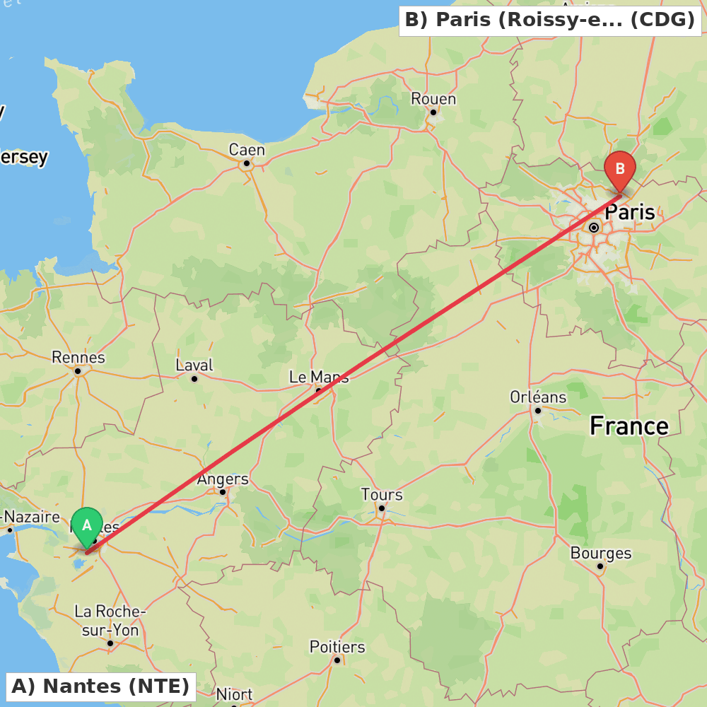 Flight route map from Nantes to Paris (Roissy-en-France, Val-d'Oise)