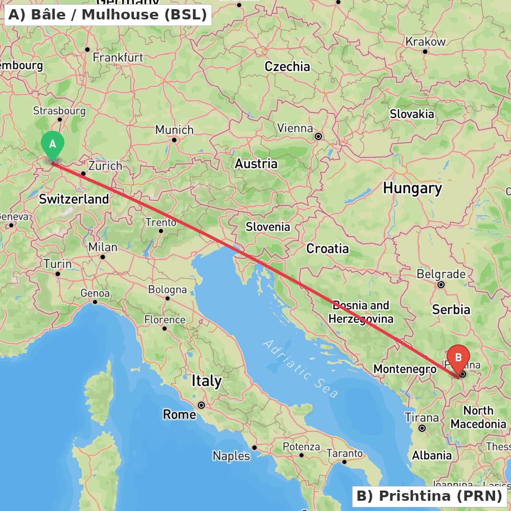 Flight route map from Bâle / Mulhouse to Prishtina