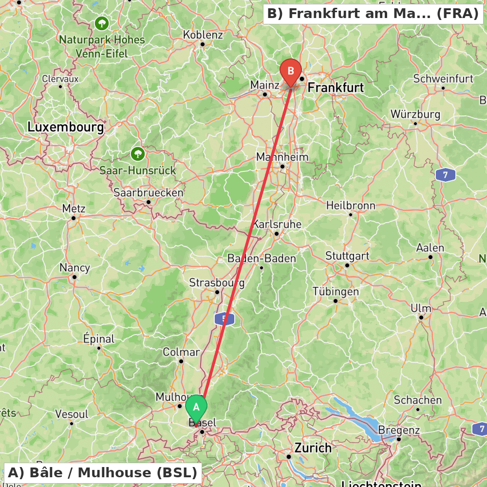 Flight route map from Bâle / Mulhouse to Frankfurt am Main