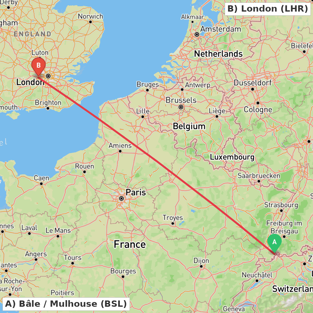 Flight route map from Bâle / Mulhouse to London
