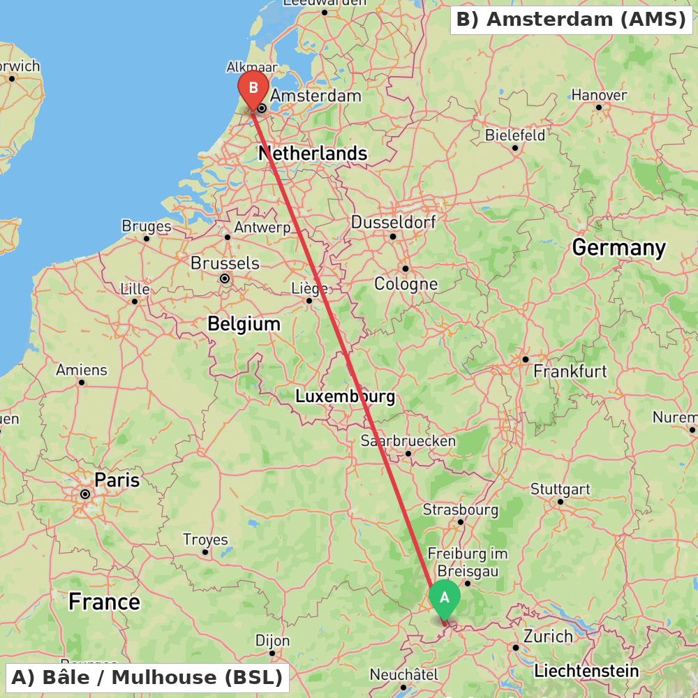 Flight route map from Bâle / Mulhouse to Amsterdam