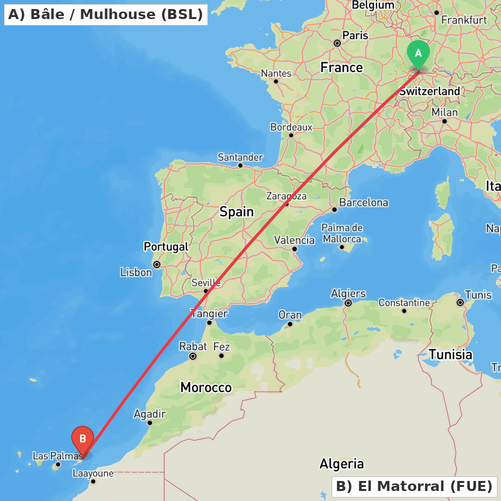Flight route map from Bâle / Mulhouse to El Matorral